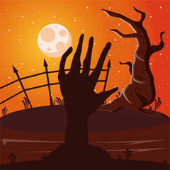 Wall Mural - death zombie hand and moon with tree scene