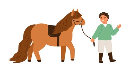 Smiling little boy walking with pony holding bridle vector flat illustration. Happy male child spending time with cute horse isolated on white. Kid going with farm animal enjoying equestrian hobby