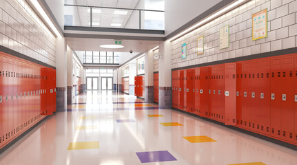 Long school corridor with red lockers , 3d illustration