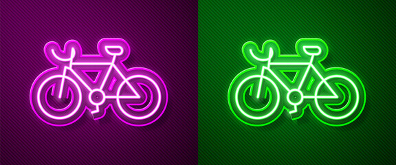 Canvas Print - Glowing neon line Bicycle icon isolated on purple and green background. Bike race. Extreme sport. Sport equipment. Vector.