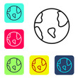 © Kostiantyn - Black line Earth globe icon isolated on white background. World or Earth sign. Global internet symbol. Geometric shapes. Set icons in color square buttons. Vector.