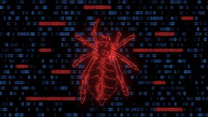 Dangerous dark red low poly spider over binary code background - stylized hacker attack in matrix style - digits in blue and translucent red color on a black background - 3D illustration