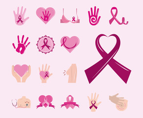 Canvas Print - breast cancer awareness month pink ribbon hand support heart love, flat icons style