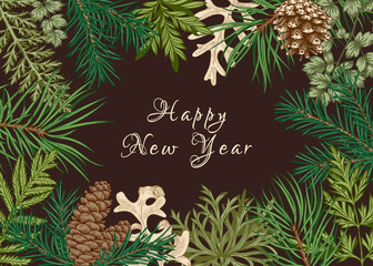 Wall Mural - Christmas botanical frame. Vector illustration. Holiday card. Dark background.