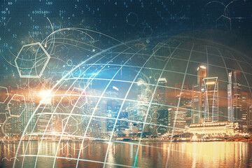 Poster - Map and data theme hologram on city view with skyscrapers background double exposure. International technology in business concept.