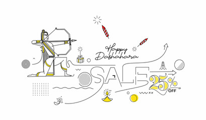 Sticker - Lord Rama with arrow killing Ravana with text Happy Dussehra and Flat 25 % Sale - Abstract Poster Banner Vector Design.