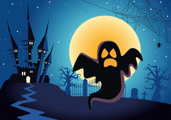 Sticker - halloween ghost floating with haunted castle