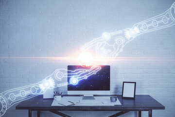 double exposure of desktop computer and technology theme hologram. concept of software development.