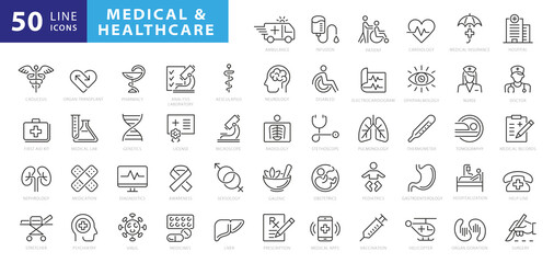 Medicine and Health symbols - minimal thin line web icon set. Outline icons collection. Simple vector illustration