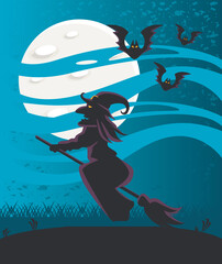 Canvas Print - witch flying in broom with bats and fullmoon