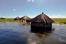 Huts Submerged In The Barotse Floods Of The Zambezi In Zambia
