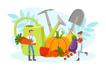 Wall Mural - Tiny Farmers Growing and Harvesting Vegetables, Agricultural Industry, Healthy Food Production Vector Illustration