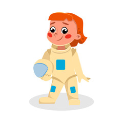 Canvas Print - Girl Astronaut Character in Space Suit Standing with Helmet in her Hands, Kids Hobby or Future Profession Concept Cartoon Style Vector Illustration