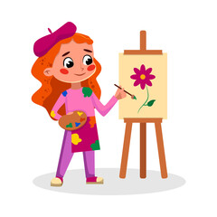 Sticker - Girl Artist Character Painting on Easel, Kids Hobby or Future Profession Concept Cartoon Style Vector Illustration