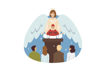 Wall Mural - Bible, religion, christianity concept. Angel biblical religious character blessing old man priest preacher reading sermon to people parish flock in church. Catholic or orthodox holiday celebration.