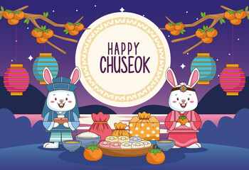 Sticker - happy chuseok celebration with rabbits couple and food scene