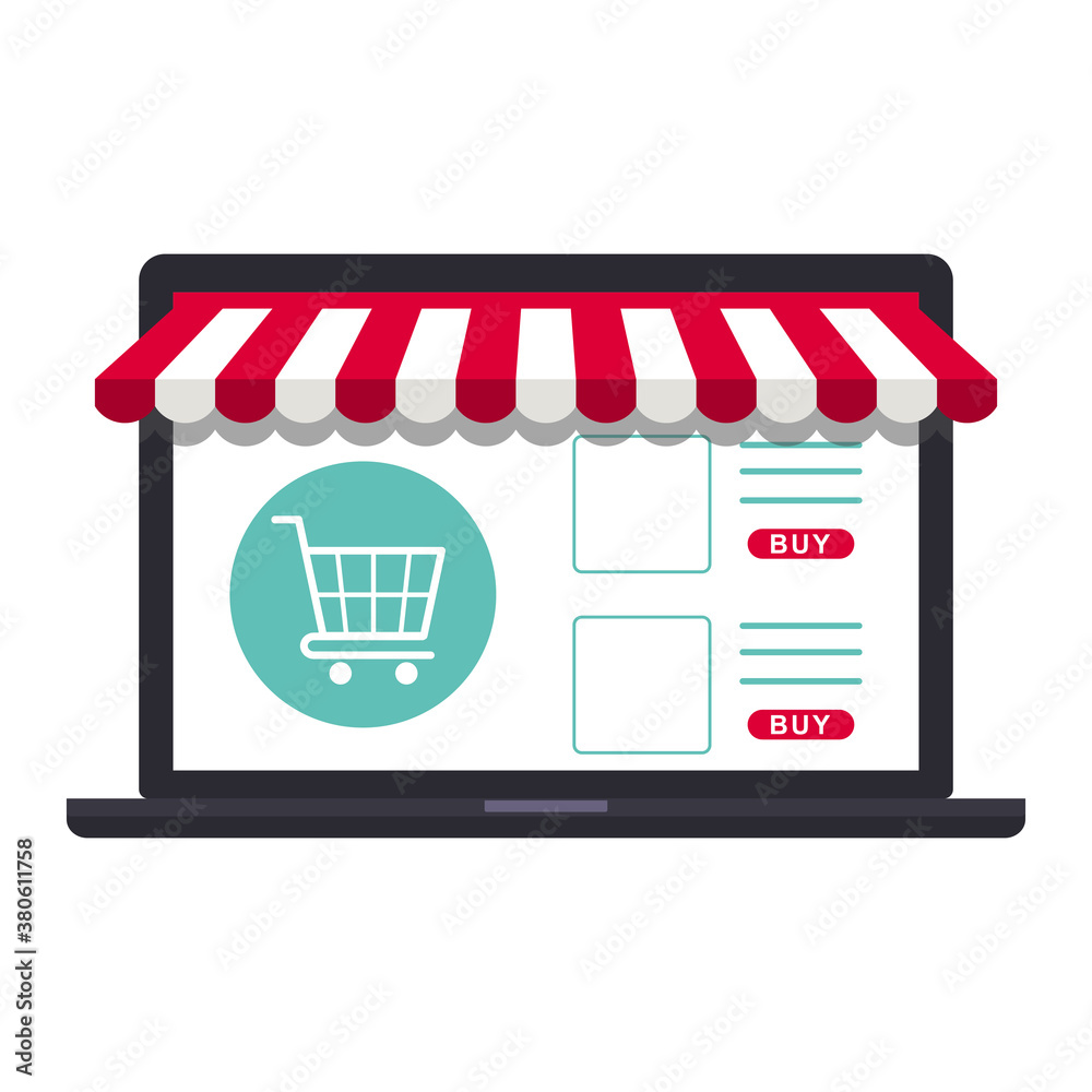 Online shop, web store concept. Laptop computer with awning. Isolated on white background. Flat design. - obrazy, fototapety, plakaty 