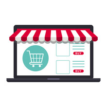 Online Shop, Web Store Concept. Laptop Computer With Awning. Isolated On White Background. Flat Design.
