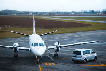 Airplane parked regional airport waiting for passengers