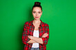 Portrait of pensive executive manager girl cross hands ready decide solution wear casual style checked outfit isolated over vibrant color background