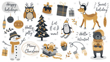 Set Of Modern Hand Drawn Christmas Animals And Other Isolated Elements. Vector Illustration.