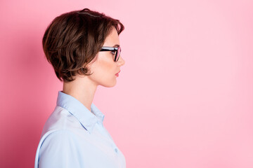 Poster - Close-up profile side view portrait of her she nice attractive content serious brown-haired girl executive employer agent broker assistant copy space isolated pink pastel color background