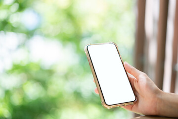 Wall Mural - Woman hand holding mobile phone with blank white screen mockup.