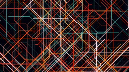 Poster - Abstract multicolored crossing rays moving fast isolated on black background. Animation. Endless connections of colorful lines flowing fast and then disappear.