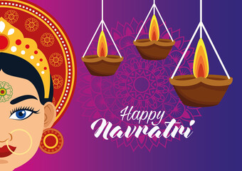 Wall Mural - happy navratri celebration card with beautiful goddess and candles