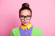 Closeup portrait photo of gorgeous lovely serious calm student girl knot hairstyle confident calm serious look camera lipstick wear glasses colored clothes bright pink color background
