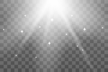 Wall Mural - Shining sun glare rays, lens flare vector illustration. Sunlight glowing png effect. White beam sunrays sky background