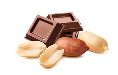Wall Mural - peanuts and chocolate squares isolated on white background