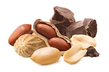 Wall Mural - peanuts and dark chocolate chunks isolated on white background.