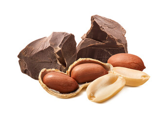 Wall Mural - peanuts and chocolate chunks isolated on white background