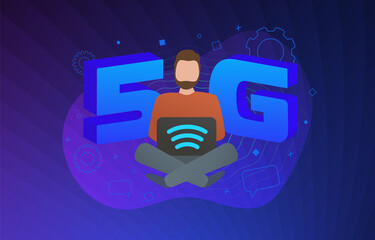 Poster - 5G Network Technology flat vector illustration. New Global High Speed Internet Wireless Systems Concept with concept of a man working behind a laptop and 5g symbol on the background