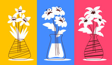 Vector Set Of Romantic Illustration Of Beautiful Daisy And Lily Flower In A Vase On Color Background.
