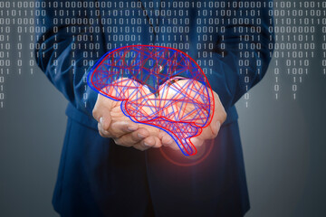 Poster - Man demonstrating digital image of brain on grey background, closeup. Machine learning concept
