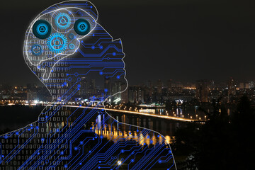 Poster - Illustrated man with virtual brain and night cityscape on background. Machine learning concept