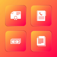 Sticker - Set Certificate template, Phone book, Stacks paper money cash and Document icon. Vector.