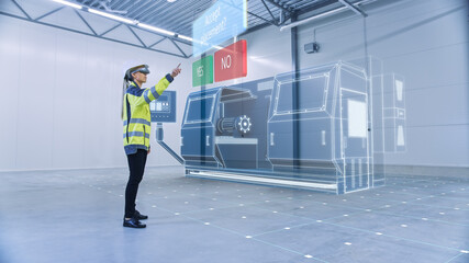 Aufkleber - Industry 4.0 Modern Factory: Female Engineer Wearing Augmented Reality Headset Uses Mixed Reality and Gestures to Choose, Design 3D Models CNC Machinery Production Line. VFX Special Visual Effects