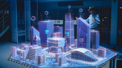Aufkleber - Industry 4.0: Modern Professional Architect Wearing Virtual Reality Headset Uses Gestures to Move, Design, Manipulate Buildings for 3D City. Mixed Augmented Reality Software. VFX Special Visual Effect
