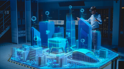 Aufkleber - Industry 4.0: Modern Professional Architect Wearing Virtual Reality Headset Uses Gestures to Design, Manipulate Buildings for 3D City. Mixed Augmented Reality Software. VFX Graphics Effect