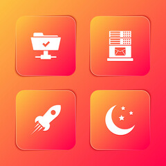 Poster - Set FTP operation successful, Mail server, Rocket ship with fire and Moon and stars icon. Vector.
