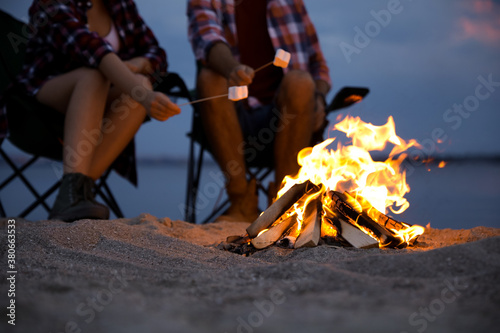 Cuadros en Lienzo People roasting marshmallows over burning firewood on beach, closeup