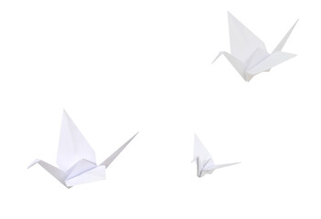 Wall Mural - White origami cranes flying on white