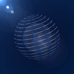 Poster - Abstract graphic elements with transparent sphere and rings around in bright blue and white color - shown on a dark blue background with effect lights. Science and technology concept - 3D illustration