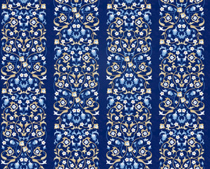 Sticker - Vector seamless pattern with bright floral ornament. Vintage design element in Eastern style. Ornamental lace tracery. Ornate floral decor for wallpaper. Traditional arabic decor on blue background.