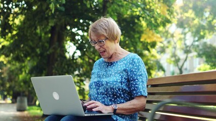 Wall Mural - Senior woman using laptop on bench outdoors
