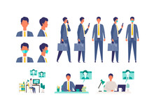 Set Of Masked Businessman In Different Poses. Concept For Teleworking.
