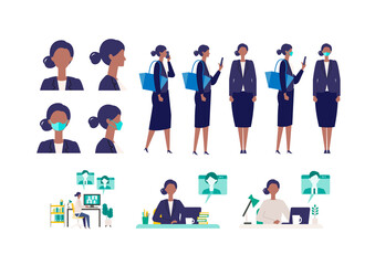 Wall Mural - Set of masked businesswoman in different poses. Concept for teleworking.